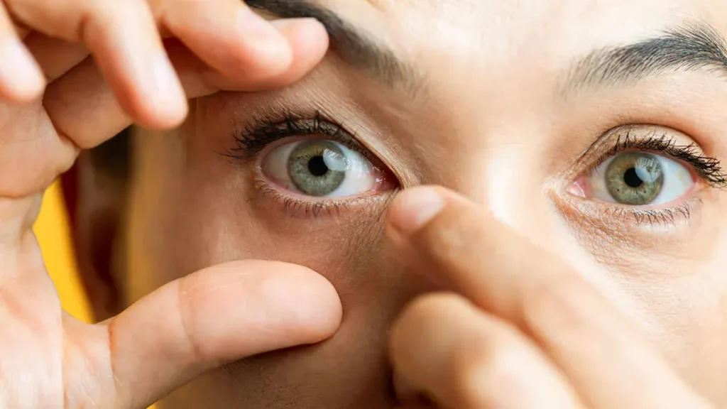 A close-up of a person’s face showing green eyes. The person uses their fingers to gently pull down the lower eyelid of one eye, possibly to insert or remove a contact lens.