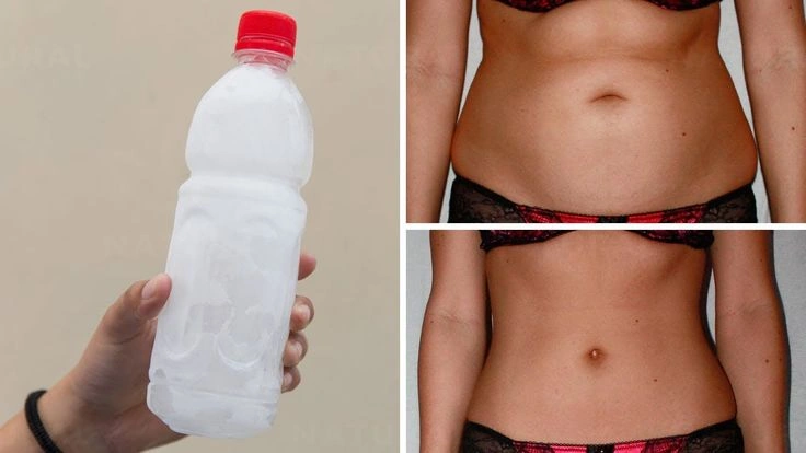 A hand holds a frosty plastic bottle with a red cap. Next to it are two photos: one of a womans midsection showing belly fat, and below it, the same midsection appearing slimmer.