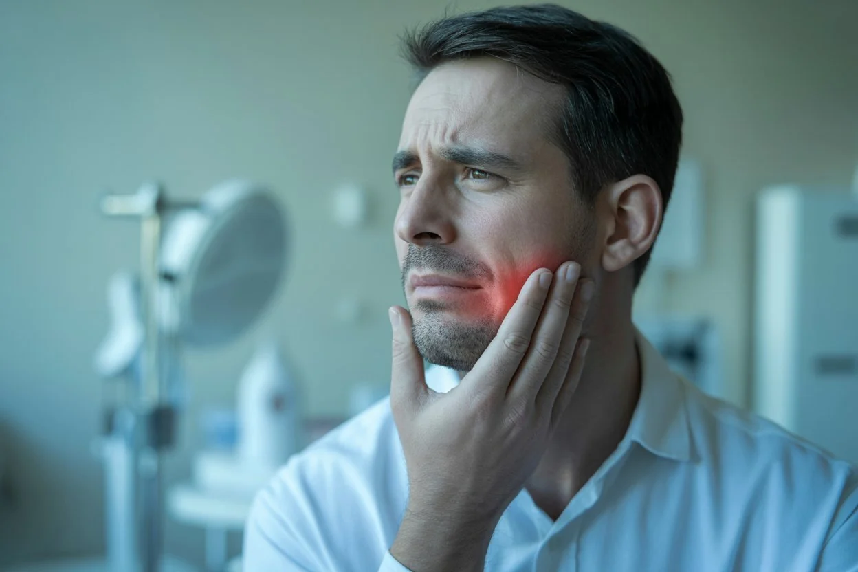 A man in a white shirt touches his cheek with a pained expression, highlighting jaw pain. A red glow on his cheek suggests pain or discomfort. The background appears to be a dental or medical office.